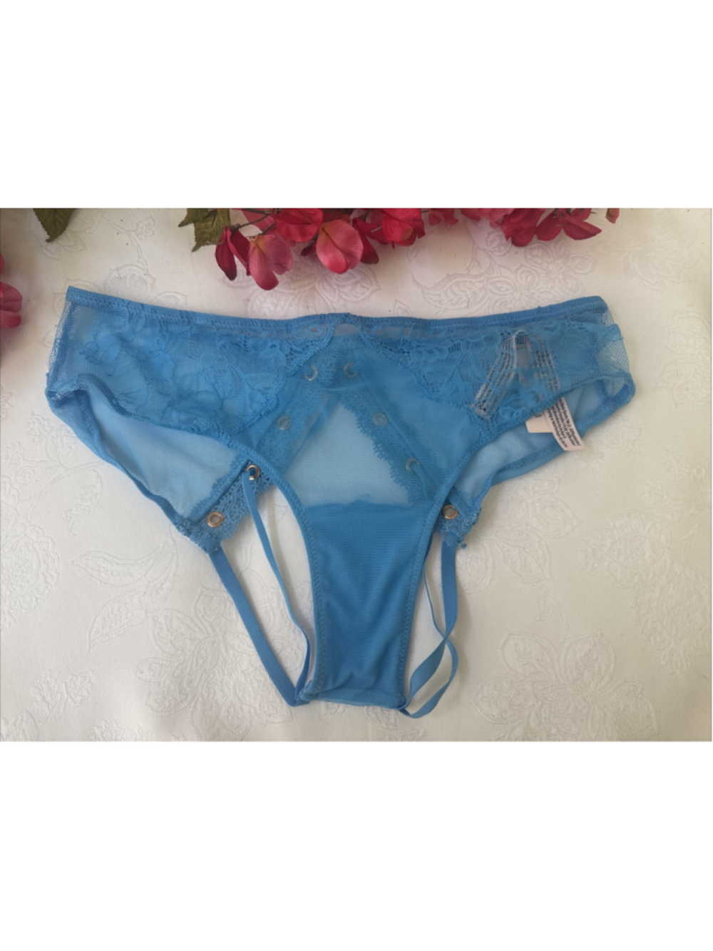 VICTORIA'S SECRET S BLUE MESH LACE CHARM OPEN CUT OUT STRAPPY CHEEKY PANTIES NWT